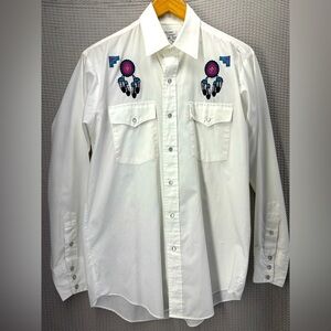 Vintage Silver Spur Shirt Mens Medium White Pearl Snap Native American Western
